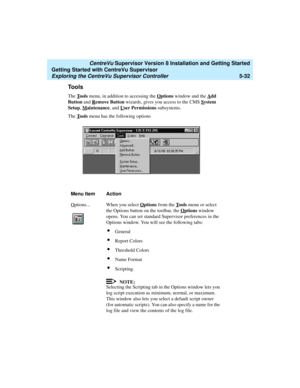 Page 106   CentreVu Supervisor Version 8 Installation and Getting Started
Getting Started with CentreVu Supervisor
Exploring the CentreVu Supervisor Controller5-32
Tools5
The Tools menu, in addition to accessing the Options window and the Add 
Button and R
emove Button wizards, gives you access to the CMS System 
Setup, M
aintenance, and User Permissions subsystems.
The T
ools menu has the following options
Menu Item Action
O
ptions... When you select Options from the Tools menu or select 
the Options button on...