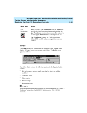 Page 108   CentreVu Supervisor Version 8 Installation and Getting Started
Getting Started with CentreVu Supervisor
Exploring the CentreVu Supervisor Controller5-34
Scripts5
The Scripts menu gives you access to the Organize Scripts window which 
displays all logged-in user’s scripts and script folders. The S
cripts menu 
appears as follows:
You will be able to perform the following functions in the Organize Scripts 
window:
lList script names, or show details regarding list size, type, and date 
modified
lAdd a...