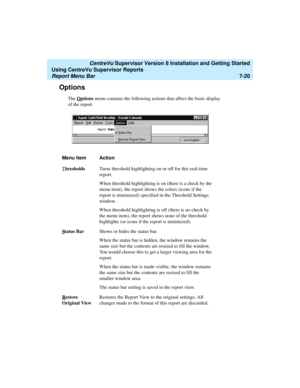 Page 158   CentreVu Supervisor Version 8 Installation and Getting Started
Using CentreVu Supervisor Reports
Report Menu Bar7-20
Options7
The Options menu contains the following actions that affect the basic display 
of the report.
Menu Item Action
T
hresholdsTurns threshold highlighting on or off for this real-time 
report.
When threshold highlighting is on (there is a check by the 
menu item), the report shows the colors (icons if the 
report is minimized) specified in the Threshold Settings 
window.
When...