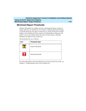 Page 179   CentreVu Supervisor Version 8 Installation and Getting Started
Using CentreVu Supervisor Reports
Minimizing Report Output Windows7-41
Minimized Report Thresholds7
If Report Thresholds are enabled, real-time and integrated reports continue to 
update while they are minimized. If no Caution or Warning threshold condition 
is currently being met, the report’s normal icon, as shown on the previous table, 
displays on the toolbar and in the system tray. If thresholds are being met, the 
report’s icon on...
