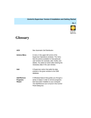 Page 271   CentreVu Supervisor Version 8 Installation and Getting Started
GL-1
CentreVu
Supervisor
Glossary0
ACDSee Automatic Call Distribution.
Actions MenuA menu in the upper-left corner of the 
Supervisor Operations windows. The menu 
lists the actions available for that particular 
user window (for example, add, modify, and 
delete). You select an action after entering the 
necessary data in the user window.
AddA Supervisor action that adds the data 
entered in the given window to the CMS 
database....