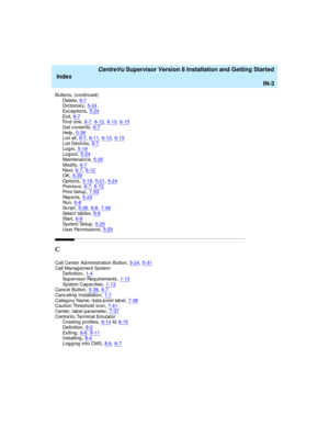 Page 287   CentreVu Supervisor Version 8 Installation and Getting Started
Index
IN-3
Buttons, (continued )
Delete,6-7Dictionary,5-24
Exc ep t i on s,5-24Exi t,6-7Find one,6-7, 6-12, 6-13, 6-15
Get c ontents,6-7Help,5-39List all,6-7, 6-11, 6-13, 6-15
List Devic es,6-7Log in,5-19Log out,5-24
Maintenance,5-25Mod ify,6-7Next,6-7, 6-12
OK,5-39Op tions,5-19, 5-21, 5-24Previous,6-7, 6-12
Pr in t  Se t up,7-53Rep o r t s,5-24Run,6-8
Sc r i p t,5-39, 6-8, 7-49Selec t tab les,6-8Sta r t,6-8
System Setup,5-25User...