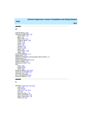 Page 290   CentreVu Supervisor Version 8 Installation and Getting Started
Index
IN-6
D
Data Bit Setting,8-20Data Point Labels Tab,7-37Above Point,7-37
Base,7-37Below Point,7-37Categ ory Name,7-38
Center,7-37Insid e,7-37None,7-37
Outsid e,7-37Pe r c e n t,7-38Rig h t,7-38
Se r i e s  N a m e,7-38Va l u e,7-38Dc om95 Installation,1-11
Default ACD,7-73DEFINITY Enterp rise Communications Server (ECS),1-4Delete Button,6-7
Deleting  Datab ase Items,6-15Depth to Heig ht,7-31Designing a report,7-13
Dial
Pr e f i...