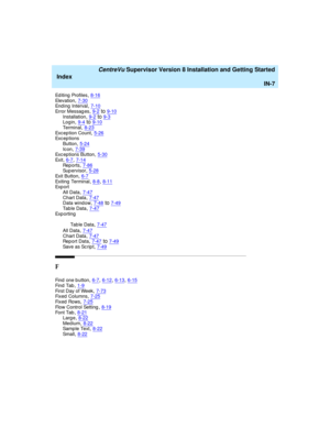 Page 291   CentreVu Supervisor Version 8 Installation and Getting Started
Index
IN-7
Ed it i ng  Pr of i le s,8-16Elevation,7-30Ending Interval,7-10
Error Messag es,9-2to9-10Installation,9-2to9-3Log in,9-4to9-10
Te r m i n a l,8-23Exc e p t i on  C o un t,5-26Exc e p t i on s
Button
,5-24Icon,7-39Exc eptions Button,5-30
Exi t,6-7, 7-14Rep o r t s,7-86Sup e r vi so r,5-28
Exit Button,6-7Exiting  Terminal,8-8, 8-11Exp o r t
All Data
,7-47Chart Data,7-47Data wind ow,7-48to7-49
Ta b l e  D a t a,7-47Exp o r t in g...