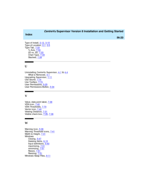 Page 304   CentreVu Supervisor Version 8 Installation and Getting Started
Index
IN-20
Typ e of Install,2-12, 3-15Typ e of Location,2-7, 3-5Typ e Ta b,7-33
% Axis,7-342D vs. 3D,7-33Chart Type,7-33
St a c k e d,7-34
U
Uninstalling  CentreVu Sup ervisor,4-1to4-4
Wh a t  i s  Re m o v e d,4-1Upgrading Supervisor,1-11Use Sound,7-74
Use Tooltip s,7-74User Permissions,5-25User Permissions Button,5-34
V
Value, d ata point lab el,7-38VDN ic on,7-40
VDN Threshold s,7-70Vec t or  i c o n,7-40Vie w i ng  D i st an c e,7-31...