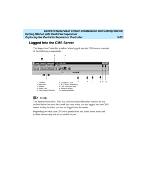 Page 97   CentreVu Supervisor Version 8 Installation and Getting Started
Getting Started with CentreVu Supervisor
Exploring the CentreVu Supervisor Controller5-23
Logged Into the CMS Server5
The Supervisor Controller window, when logged into the CMS server, consists 
of the following components:
NOTE:
The System Menu Box, Title Bar, and Maximize/Minimize buttons are not 
defined below because they work the same when you are logged into the CMS 
server as they do when you are not logged into the server....