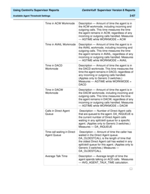 Page 109  Using CentreVu Supervisor Reports CentreVu®  Supervisor Version 8 Reports
Available Agent Threshold Settings2-67
Time in ACW WorkmodeDescription — Amount of time the agent is in 
the ACW workmode, including incoming and 
outgoing calls. This time measures the time 
the agent remains in ACW, regardless of any 
incoming or outgoing calls handled. Measures 
— AGTIME while WORKMODE = ACW
Time in AVAIL Workmode Description — Amount of time the agent is in 
the AVAIL workmode, including incoming and...
