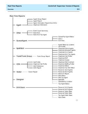 Page 133  Real-Time Reports CentreVu®  Supervisor Version 8 Reports
Overview3-3 