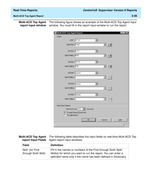 Page 166  Real-Time Reports CentreVu®  Supervisor Version 8 Reports
Multi-ACD Top Agent Report3-36
Multi-ACD Top Agent
report input windowThe following figure shows an example of the Multi-ACD Top Agent input 
window. You must fill in the report input window to run the report. 
Multi-ACD Top Agent
report Input FieldsThe following table describes the input fields on real-time Multi-ACD Top 
Agent report input windows:
Field Definition
Skill: (for First 
through Sixth Skill)Fill in the names or numbers of the...