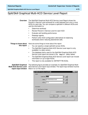 Page 381  Historical Reports CentreVu®  Supervisor Version 8 Reports
Split/Skill Graphical Multi-ACD Service Level Report4-73
.........................................................................................................................................................................................................................................................Split/Skill Graphical Multi-ACD Service Level Report
OverviewThe Split/Skill Graphical Multi-ACD Service Level Report shows the 
Percent in...