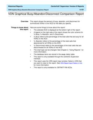 Page 459  Historical Reports CentreVu®  Supervisor Version 8 Reports
VDN Graphical Busy/Abandon/Disconnect Comparison Report4-151
.........................................................................................................................................................................................................................................................VDN Graphical Busy/Abandon/Disconnect Comparison Report
OverviewThis report shows the percent of busy, abandon, and disconnect for...
