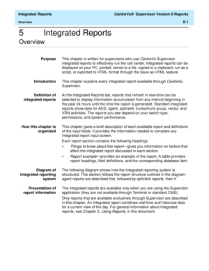 Page 487  Integrated Reports CentreVu®  Supervisor Version 8 Reports
Overview5-1
5 Integrated Reports
.........................................................................................................................................................................................................................................................Overview
PurposeThis chapter is written for supervisors who use CentreVu Supervisor 
integrated reports to effectively run the call center. Integrated reports can be...