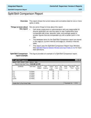 Page 507  Integrated Reports CentreVu®  Supervisor Version 8 Reports
Split/Skill Comparison Report5-21
.........................................................................................................................................................................................................................................................Split/Skill Comparison Report 
OverviewThis report shows the current status and cumulative data for one or more 
splits or skills.
Things to know about
this...