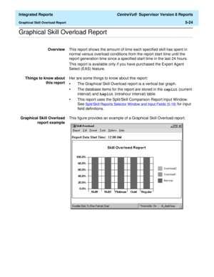 Page 510  Integrated Reports CentreVu®  Supervisor Version 8 Reports
Graphical Skill Overload Report5-24
.........................................................................................................................................................................................................................................................Graphical Skill Overload Report 
OverviewThis report shows the amount of time each specified skill has spent in 
normal versus overload conditions from the report...