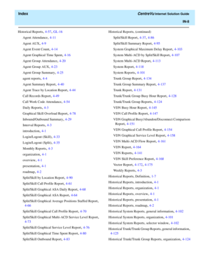 Page 560  Index CentreVu Internet Solution Guide
IN-8
Historical Reports, 4-57, GL-16
Agent Attendance
, 4-11
Agent AUX
, 4-9
Agent Event Count
, 4-14
Agent Graphical Time Spent
, 4-16
Agent Group Attendance
, 4-20
Agent Group AUX
, 4-23
Agent Group Summary
, 4-25
agent reports
, 4-4
Agent Summary Report
, 4-40
Agent Trace by Location Report
, 4-44
Call Records Report
, 4-49
Call Work Code Attendance
, 4-54
Daily Reports
, 4-3
Graphical Skill Overload Report
, 4-78
Inbound/Outbound Summary
, 4-29
Interval...