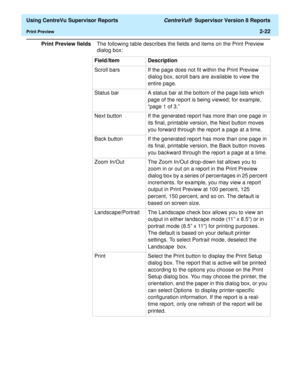 Page 64  Using CentreVu Supervisor Reports CentreVu®  Supervisor Version 8 Reports
Print Preview2-22
Print Preview fieldsThe following table describes the fields and items on the Print Preview 
dialog box:
Field/Item Description
Scroll bars If the page does not fit within the Print Preview 
dialog box, scroll bars are available to view the 
entire page.
Status bar A status bar at the bottom of the page lists which 
page of the report is being viewed; for example, 
“page 1 of 3.”
Next button If the generated...