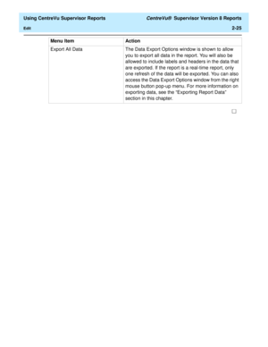 Page 67  Using CentreVu Supervisor Reports CentreVu®  Supervisor Version 8 Reports
Edit2-25
Export All Data The Data Export Options window is shown to allow 
you to export all data in the report. You will also be 
allowed to include labels and headers in the data that 
are exported. If the report is a real-time report, only 
one refresh of the data will be exported. You can also 
access the Data Export Options window from the right 
mouse button pop-up menu. For more information on 
exporting data, see the...