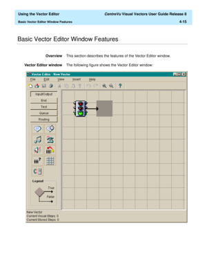 Page 113  Using the Vector Editor CentreVu Visual Vectors User Guide Release 8
Basic Vector Editor Window Features4-15
............................................................................................................................................................................................................................................................Basic Vector Editor Window Features
OverviewThis section describes the features of the Vector Editor window.
Vector Editor windowThe following...