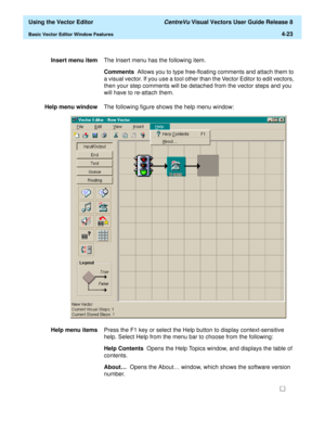 Page 121  Using the Vector Editor CentreVu Visual Vectors User Guide Release 8
Basic Vector Editor Window Features4-23
Insert menu itemThe Insert menu has the following item.
Comments  Allows you to type free-floating comments and attach them to 
a visual vector. If you use a tool other than the Vector Editor to edit vectors, 
then your step comments will be detached from the vector steps and you 
will have to re-attach them.
Help menu windowThe following figure shows the help menu window:
Help menu itemsPress...