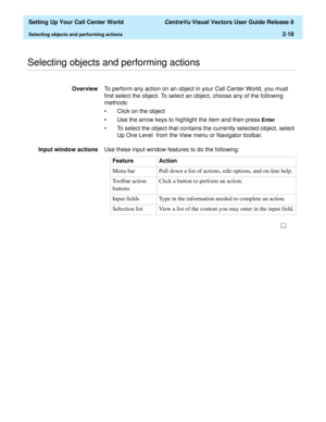 Page 52  Setting Up Your Call Center World CentreVu Visual Vectors User Guide Release 8
Selecting objects and performing actions2-18
............................................................................................................................................................................................................................................................Selecting objects and performing actions
OverviewTo perform any action on an object in your Call Center World, you must 
first...