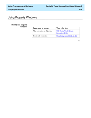 Page 96  Using Framework and Navigator CentreVu Visual Vectors User Guide Release 8
Using Property Windows3-24
............................................................................................................................................................................................................................................................Using Property Windows
How to use property
windows
If you need to know... Then refer to...
What properties an object hasCall Center World Object...
