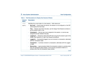 Page 1373  
Voice System Administration  Host Configuration
Intuity™ CONVERSANT® System Version 7.0 Administration 
585-313-501 Issue 3 January 2000 83
STATE(con’t.)Identifies the current state of a host session.  Valid values are:
•
Not Avail — Cannot open the device, the session is not configured, or the DIP 
cannot parse the host script
•
Free — Session was freed manually; use the Assign Host Sessions window to 
put the session back in use
•
Unassigned — Service was never assigned to the session, or service...