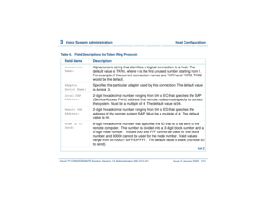 Page 1553  
Voice System Administration  Host Configuration
Intuity™ CONVERSANT® System Version 7.0 Administration 
585-313-501 Issue 3 January 2000 101
 
Table 6. Field Descriptions for Token Ring Protocols
Field Name DescriptionConnection 
Name:
Alphanumeric string that identifies a logical connection to a host. The 
default value is TKRn, where 
n is the first unused number starting from 1. 
For example, if the current connection names are TKR1 and TKR3, TKR2 
would be the default.
Adapter 
Device Name:...