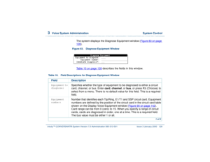 Page 1823  
Voice System Administration  System Control
Intuity™ CONVERSANT® System Version 7.0 Administration 
585-313-501 Issue 3 January 2000 128
The system displays the Diagnose Equipment window (Figure 83 on page 128
).
Figure 83. Diagnose Equipment Window  
Table 10 on page 128
 describes the fields in this window.
Table 10. Field Descriptions for Diagnose Equipment Window
Field DescriptionEquipment to 
diagnose:
Specifies whether the type of equipment to be diagnosed is either a circuit 
card, channel, or...