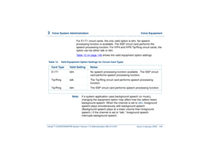 Page 2033  
Voice System Administration  Voice Equipment
Intuity™ CONVERSANT® System Version 7.0 Administration 
585-313-501 Issue 3 January 2000 149
For E1/T1 circuit cards, the only valid option is tdm. No speech 
processing function is available. The SSP circuit card performs the 
speech processing function. For IVP4 and IVP6 Tip/Ring circuit cards, the 
option can be either talk or tdm.
Table 12 on page 149
 shows the valid equipment option settings.
Note:If a system application uses background speech (or...