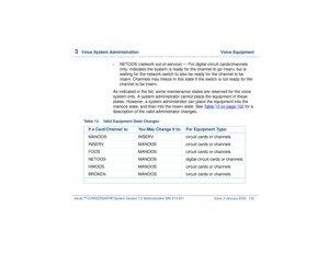 Page 2063  
Voice System Administration  Voice Equipment
Intuity™ CONVERSANT® System Version 7.0 Administration 
585-313-501 Issue 3 January 2000 152
•
NETOOS (network out-of-service) — For digital circuit cards/channels 
only: Indicates the system is ready for the channel to go inserv, but is 
waiting for the network switch to also be ready for the channel to be 
inserv. Channels may freeze in this state if the switch is not ready for the 
channel to be inserv.
As indicated in the list, some maintenance states...
