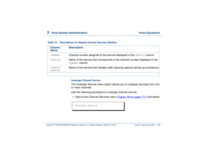 Page 2303  
Voice System Administration  Voice Equipment
Intuity™ CONVERSANT® System Version 7.0 Administration 
585-313-501 Issue 3 January 2000 176
Unassign Channel ServiceThe Unassign Service menu option allows you to unassign services from one 
or more channels.
Use the following procedure to unassign channel service:1  
Start at the Channel Services menu (Figure 104 on page 171
) and select:
Table 15. Descriptions for Display Channel Services Window
Column 
NameDescriptionCHANNEL
Channel number assigned to...