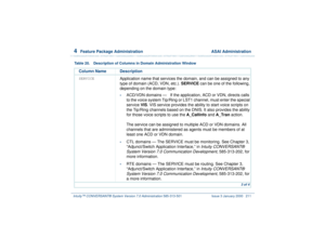 Page 2654  
Feature Package Administration  ASAI Administration
Intuity™ CONVERSANT® System Version 7.0 Administration 
585-313-501 Issue 3 January 2000 211
SERVICE
Application name that services the domain, and can be assigned to any 
type of domain (ACD, VDN, etc.). SERVICE can be one of the following, 
depending on the domain type:•
ACD/VDN domains —   If the application, ACD or VDN, directs calls 
to the voice system Tip/Ring or LST1 channel, must enter the special 
service VIS. VIS service provides the...
