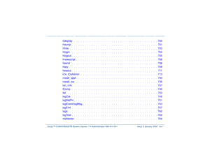 Page 30   Intuity™ CONVERSANT® System Version 7.0 Administration 
585-313-501 Issue 3 January 2000 xxx
hdisplay   .  .  .  .  .  .  .  .  .  .  .  .  .  .  .  .  .  .  .  .  .  .  .  .  .  .  .  .  .  .  .  .  .  .  .  .  .  .  700
hdump  .  .  .  .  .  .  .  .  .  .  .  .  .  .  .  .  .  .  .  .  .  .  .  .  .  .  .  .  .  .  .  .  .  .  .  .  .  .  .  701
hfree  .  .  .  .  .  .  .  .  .  .  .  .  .  .  .  .  .  .  .  .  .  .  .  .  .  .  .  .  .  .  .  .  .  .  .  .  .  .  .  .  703
hlogin.  .  .  .  .  .  ....