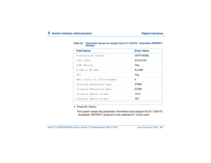 Page 3405  
Switch Interface Administration  Digital Interfaces
Intuity™ CONVERSANT® System Version 7.0 Administration 
585-313-501 Issue 3 January 2000 286
4  
Press 
F3
 (Save).
The system saves the parameter information and assigns the E1 CAS P2 
- Australian DEFINITY protocol to the selected E1 circuit card.
Table 29. Parameter Values for Assign Card: E1 CAS P2 - Australian DEFINITY 
Window
Field Name Enter ValueFraming/Line Coding:
CEPTHDB3
Idle Code:
01010100
DTMF Muting:
Yes
A-LAW or MU-LAW:
A-LAW
CRC:...
