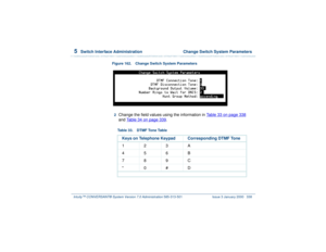 Page 3925  
Switch Interface Administration  Change Switch System Parameters
Intuity™ CONVERSANT® System Version 7.0 Administration 
585-313-501 Issue 3 January 2000 338
Figure 162. Change Switch System Parameters
2  
Change the field values using the information in Table 33 on page 338
 
and Table 34 on page 339
. 
Table 33. DTMF Tone Table
Keys on Telephone Keypad Corresponding DTMF Tone
123A
456B
789C
* 0#D 