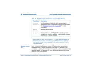 Page 4326  
Database Administration  Voice System Database Administration
Intuity™ CONVERSANT® System Version 7.0 Administration 
585-313-501 Issue 3 January 2000 378
Database Access 
IDs
Each ID listed in the Database Access ID Table window represents an 
established local or remote connection to an ORACLE database. This 
connection is used by the voice system’s applications to access a customer’s 
database tables. The database ID, then, represents each local or remote 
database to the voice system.Table 36....