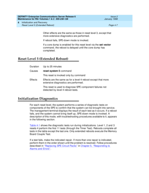 Page 119DEFINITY Enterprise Communications Server Release 6
Maintenance for R6r Volumes 1 & 2  555-230-126  Issue 2
January 1998
Initialization and Recovery 
Page 4-7 Reset Level 5 (Extended Reboot) 
4
Reset Level 5 (Extended Reboot)
Initialization Diagnostics
For each reset level, the system performs a series of diagnostic tests on 
components of the SPE to confirm that the system can be brought into service. 
The management terminal displays the result of each test as it occurs. If a reboot 
fails, and the...