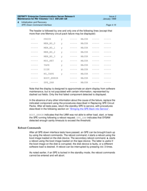 Page 127DEFINITY Enterprise Communications Server Release 6
Maintenance for R6r Volumes 1 & 2  555-230-126  Issue 2
January 1998
Initialization and Recovery 
Page 4-15 SPE-Down Command Interface 
4
The header is followed by one and only one of the following lines (except that 
more than one Memory circuit pack failure may be displayed):
Note that the display is designed to approximate an alarm display from software 
maintenance, but is not populated with certain information, represented by 
dashed out fields....