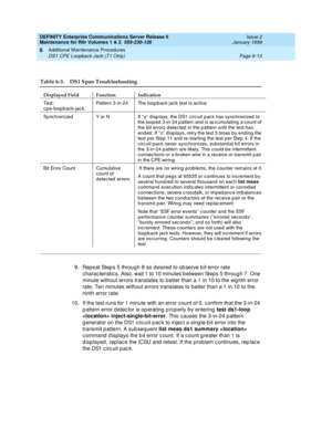 Page 219DEFINITY Enterprise Communications Server Release 6
Maintenance for R6r Volumes 1 & 2  555-230-126  Issue 2
January 1998
Additional Maintenance Procedures 
Page 6-13 DS1 CPE Loopback Jack (T1 Only) 
6
9. Repeat Steps 5 through 8 as desired to observe bit error rate 
characteristics. Also, wait 1 to 10 minutes between Steps 5 through 7. One 
minute without errors translates to better than a 1 in 10 to the eighth error 
rate. Ten minutes without errors translates to better than a 1 in 10 to the 
ninth...