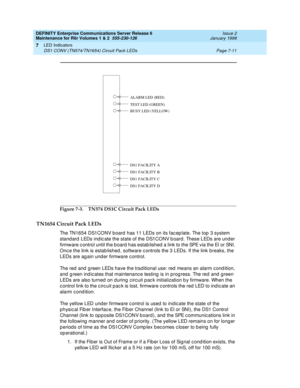 Page 269DEFINITY Enterprise Communications Server Release 6
Maintenance for R6r Volumes 1 & 2  555-230-126  Issue 2
January 1998
LED Indicators 
Page 7-11 DS1 CONV (TN574/TN1654) Circuit Pack LEDs 
7
Figure 7-3. TN574 DS1C Circuit Pack LEDs
TN1654 Circuit Pack LEDs
The TN1654 DS1CONV board has 11 LEDs on its faceplate. The top 3 system 
standard LEDs indicate the state of the DS1CONV board. These LEDs are under 
firmware control until the board has established a link to the SPE via the EI or SNI. 
Once the link...