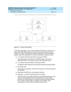 Page 36DEFINITY Enterprise Communications Server Release 6
Maintenance for R6r Volumes 1 & 2  555-230-126  Issue 2
January 1998
Maintenance Architecture 
Page 1-10 Port Network Connectivity (PNC) 
1
Figure 1-4. Direct Connect PNC
In the CSS configuration, up to 16 PNs (including the PPN) can connect to one 
switch node (SN). With two SNs, up to 22 PNs can be connected. Each SN 
consists of a carrier containing the following components (in critical reliability 
systems, each SN is duplicated on a second,...