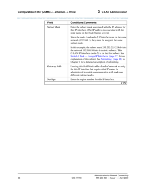 Page 106Configuration 2: R7r (+CMS)  R7csi 3  C-LAN Administration
Administration for Network Connectivity
CID: 77730 555-233-504 — Issue 1 — April 2000
86
Subnet Mask Enter the subnet mask associated with the IP address for 
this IP interface. (The IP address is associated with the 
node name on the Node Names screen). 
Since the node-1 and node-5 IP interfaces are on the same 
network (192.168.1), they must be assigned the same 
subnet mask.
In this example, the subnet mask 255.255.255.224 divides 
the network...