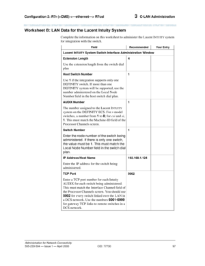 Page 117Configuration 2: R7r (+CMS)  R7csi 
97
Administration for Network Connectivity
555-233-504— Issue 1 — April 2000 CID: 77730
3  C-LAN Administration
Worksheet B: LAN Data for the Lucent Intuity System
Complete the information on this worksheet to administer the Lucent INTUITY system 
for integration with the switch.
Field Recommended Your Entry
Lucent INTUITY System Switch Interface Administration Window
Extension Length
Use the extension length from the switch dial 
plan
4
Host Switch Number
Use 1 if the...