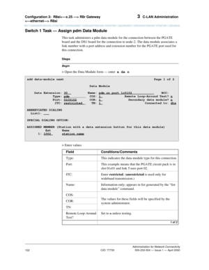 Page 122Configuration 3:R8si R8r Gateway 
 R8si 3  C-LAN Administration
Administration for Network Connectivity
CID: 77730 555-233-504 — Issue 1 — April 2000
102
Switch 1 Task — Assign pdm Data Module
This task administers a pdm data module for the connection between the PGATE 
board and the DS1 board for the connection to node-2. The data module associates a 
link number with a port address and extension number for the PGATE port used for 
this connection.
Begin
Steps
> Open the Data Module form — enter  a da...