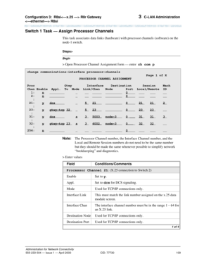 Page 129Configuration 3:R8si R8r Gateway 
 R8si 
109
Administration for Network Connectivity
555-233-504— Issue 1 — April 2000 CID: 77730
3  C-LAN Administration
Switch 1 Task — Assign Processor Channels
This task associates data links (hardware) with processor channels (software) on the 
node-1 switch.
Begin
Steps>
> Open Processor Channel Assignment form — enter  ch com p
Note:The Processor Channel number, the Interface Channel number, and the 
Local and Remote Session numbers do not need to be the same number...