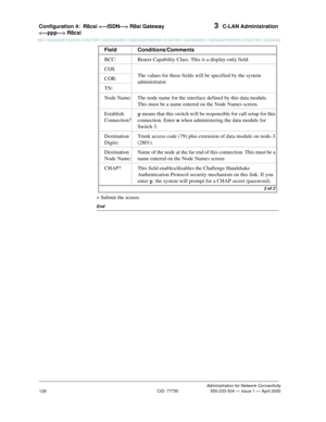 Page 148Configuration 4:  R8csi  R8si Gateway 
 R8csi 3  C-LAN Administration
Administration for Network Connectivity
CID: 77730 555-233-504 — Issue 1 — April 2000
128
> Submit the screen
End
BCC: Bearer Capability Class. This is a display-only field.
COS
The values for these fields will be specified by the system 
administrator. COR:
TN:
Node Name: The node name for the interface defined by this data module. 
This must be a name entered on the Node Names screen.
Establish 
Connection?y means that this switch...