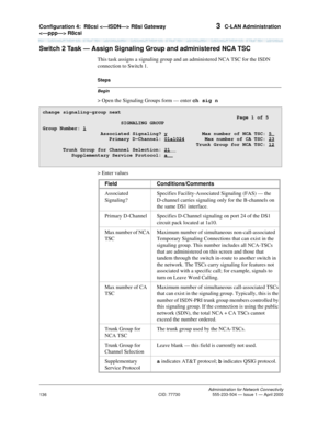 Page 156Configuration 4:  R8csi  R8si Gateway 
 R8csi 3  C-LAN Administration
Administration for Network Connectivity
CID: 77730 555-233-504 — Issue 1 — April 2000
136
Switch 2 Task — Assign Signaling Group and administered NCA TSC
This task assigns a signaling group and an administered NCA TSC for the ISDN 
connection to Switch 1.
Begin
Steps
> Open the Signaling Groups form — enter ch sig n
> Enter values
change signaling-group next
                                                      Page 1 of 5...