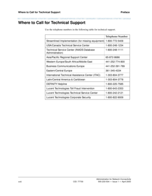 Page 18Where to Call for Technical Support   Preface
Administration for Network Connectivity
CID: 77730 555-233-504 — Issue 1 — April 2000
xviii
Where to Call for Technical Support
Use the telephone numbers in the following table for technical support.
Telephone Number
Streamlined  Imp lementation (for missing  eq uip ment) 1-800-772-5409
USA/Canad a Tec hnic al Servic e Center 1-800-248-1234
Tec hnic al Servic e Center (INADS Datab ase 
Administration)1-800-248-1111
Asia/Pac ific  Reg ional Sup p ort Center...
