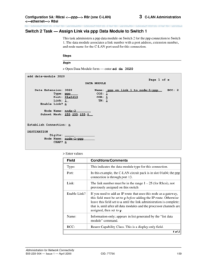 Page 179Configuration 5A: R8csi  R8r (one C-LAN) 
 R8si 
159
Administration for Network Connectivity
555-233-504— Issue 1 — April 2000 CID: 77730
3  C-LAN Administration
Switch 2 Task — Assign Link via ppp Data Module to Switch 1
This task administers a ppp data module on Switch 2 for the ppp connection to Switch 
1. The data module associates a link number with a port address, extension number, 
and node name for the C-LAN port used for this connection.
Begin
Steps
> 
Open Data Module form — enter ad da 3020
>...