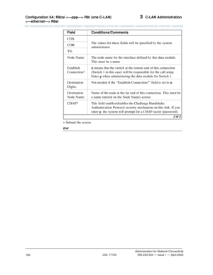 Page 180Configuration 5A: R8csi  R8r (one C-LAN) 
 R8si 3  C-LAN Administration
Administration for Network Connectivity
CID: 77730 555-233-504 — Issue 1 — April 2000
160
> Submit the screen
End
COS:
The values for these fields will be specified by the system 
administrator. COR:
TN:
Node Name: The node name for the interface defined by this data module. 
This must be a name 
Establish 
Connection?n means that the switch at the remote end of this connection 
(Switch 1 in this case) will be responsible for the...